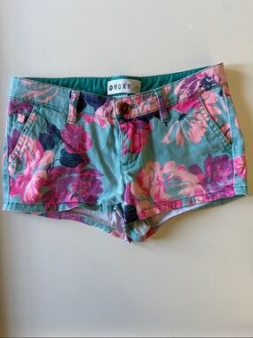 Roxy Teal Floral Print Girls' Shorts with Pink Accents